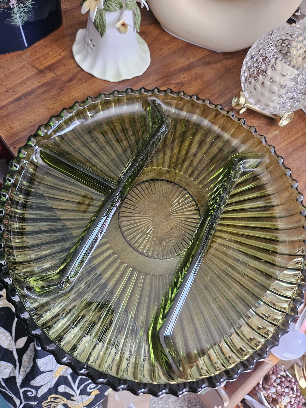 Indiana Glass Olive Green Divided Glass Serving Tray